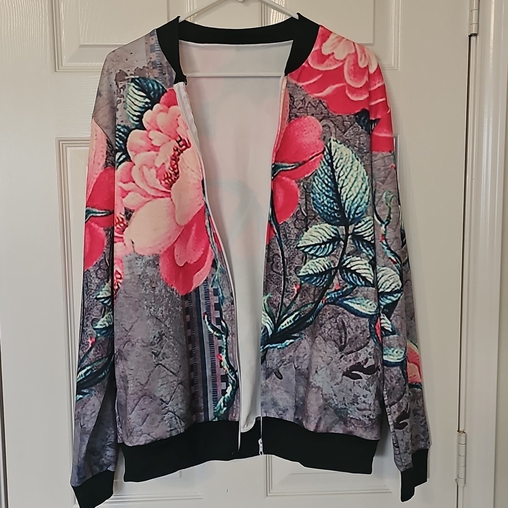New Retro Y2K Lightweight Bomber Jacket Floral Full Zip Large - Picture 6 of 13